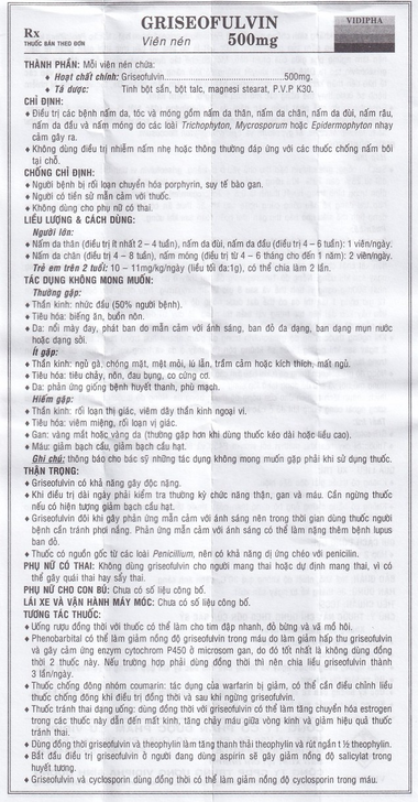 Thuốc Griseofulvin 500mg Vidipha điều trị các bệnh nấm da, tóc, lông, móng tay, móng chân (2 vỉ x 10 viên)