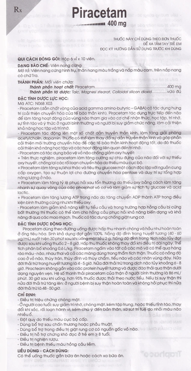Viên nang cứng Piracetam 400mg Traphaco điều trị triệu chứng chóng mặt, suy giảm trí nhớ (6 vỉ x 10 viên)