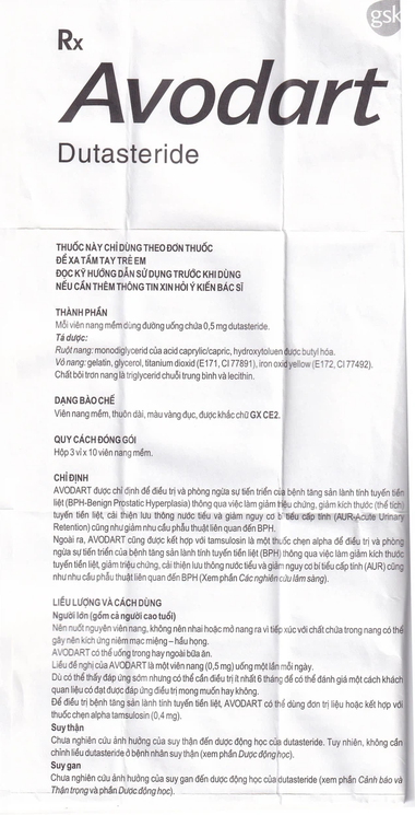 Thuốc Avodart 0.5mg GSK phòng và điều trị tăng sản lành tính tuyến tiền liệt (3 vỉ x 10 viên)