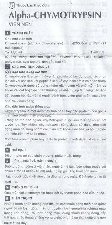 Thuốc Alpha-Chymotrypsin điều trị phù nề sau chấn thương, phẩu thuật, bỏng (2 vỉ x 10 viên)