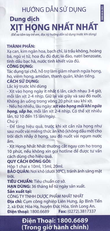 Dung dịch Xịt Họng Nhất Nhất hỗ trợ giảm ngứa họng, ho, viêm họng (20ml)