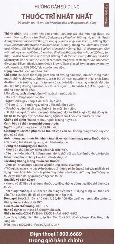 Thuốc Trĩ Nhất Nhất giảm đau rát hậu môn, làm bền vững thành mạch, điều trị các trường hợp trĩ cấp tính (Hộp 30 viên)