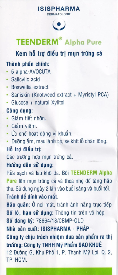 Kem Isis Teenderm Alpha Pure hỗ trợ giảm mụn trứng cá (30ml)