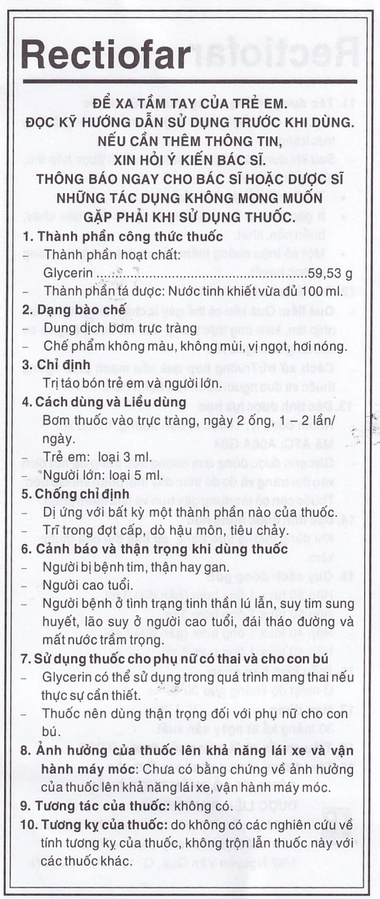 Dung dịch Rectiofar Pharmedic điều trị táo bón (50 túi x 1 ống bơm 3ml)