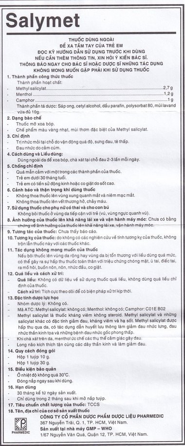 Thuốc mỡ xoa bóp Salymet hỗ trợ điều trị nhức mỏi do vận động, sưng đau, tê thấp (10g)