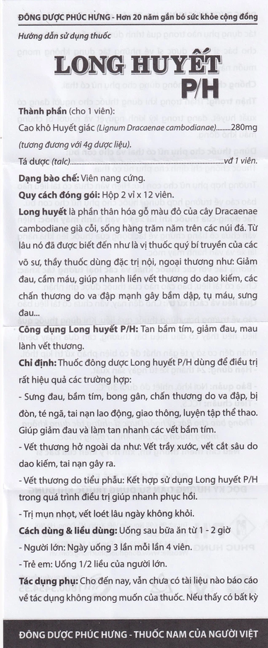 Viên nang cứng Long Huyết P/H Phúc Hưng đặc trị tan bầm tím, mau lành vết thương (2 vỉ x 12 viên)