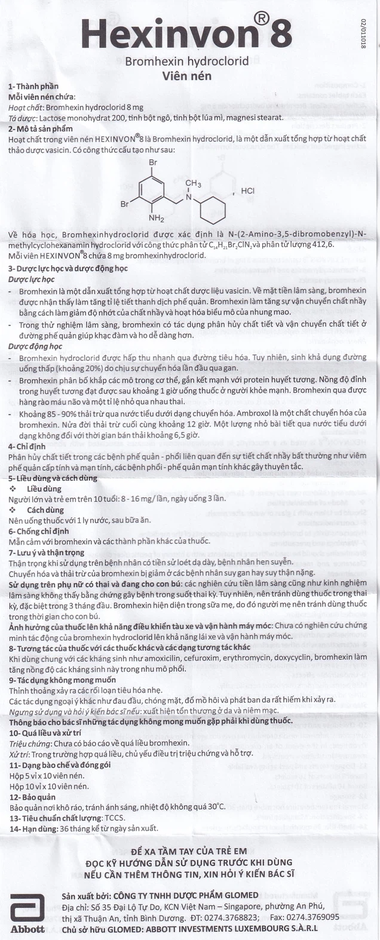 Thuốc Hexinvon 8 Glomed điều trị tiết chất nhầy bất thường trong viêm phế quản cấp tính và mạn tính (10 vỉ x 10 viên)